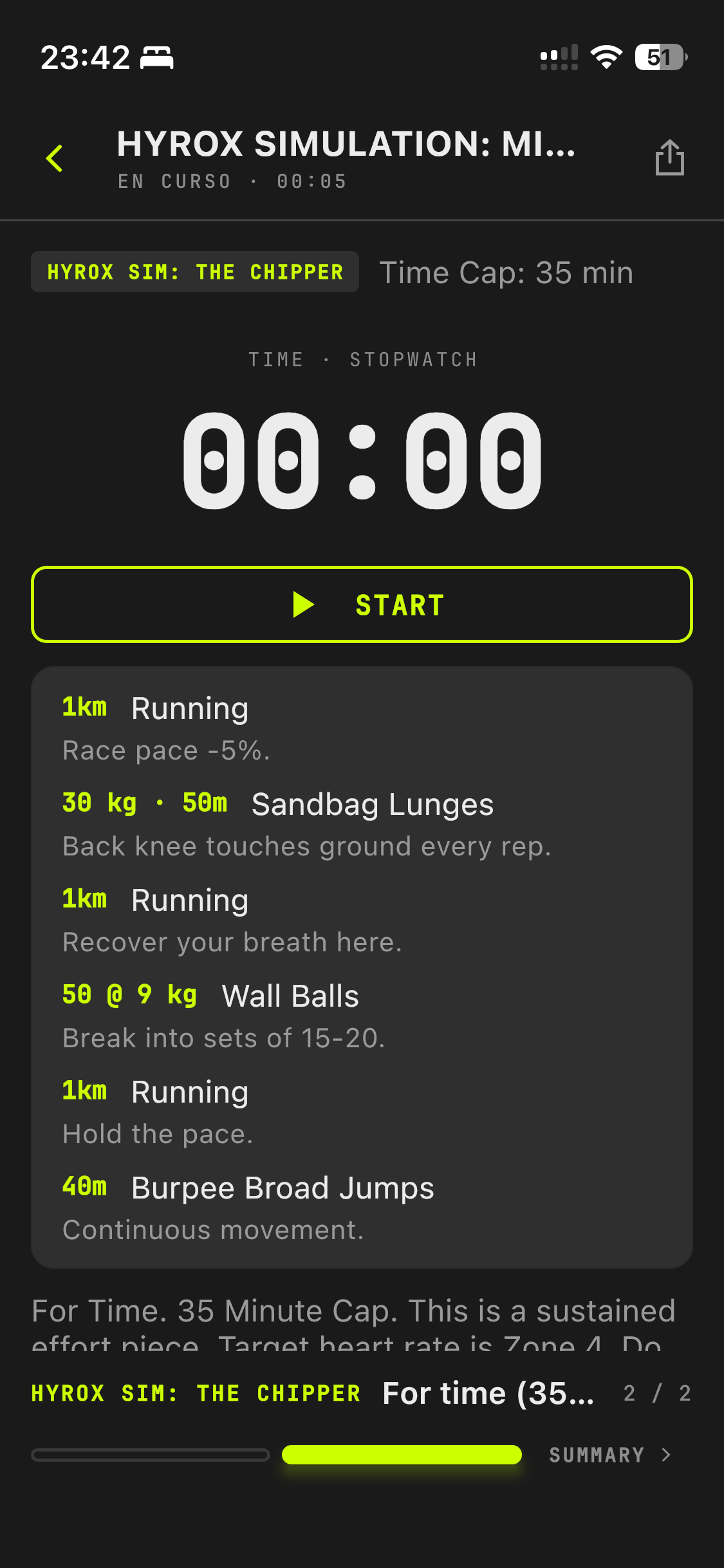 Aura live workout timer running a Hyrox simulation chipper